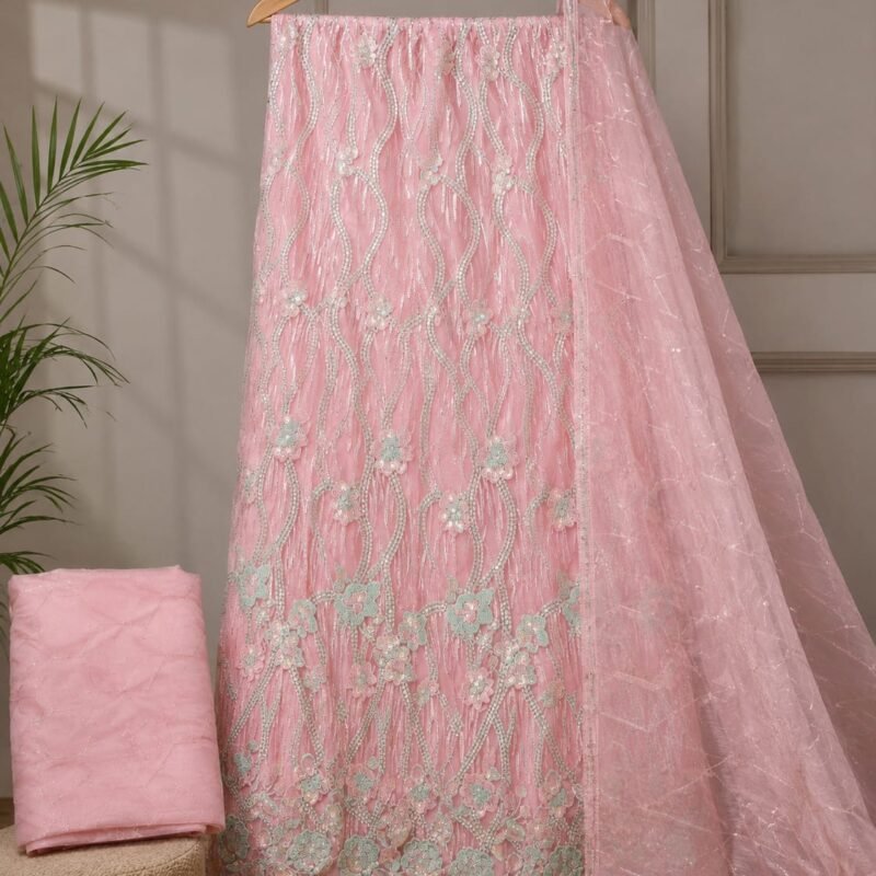 Peach Pink Floral Embroidered Lehenga Choli Set with Dupatta - Image 3