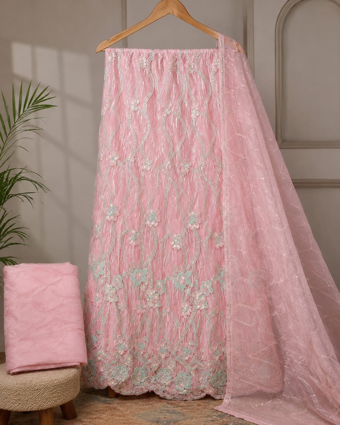 Peach Pink Floral Embroidered Lehenga Choli Set with Dupatta - Image 3