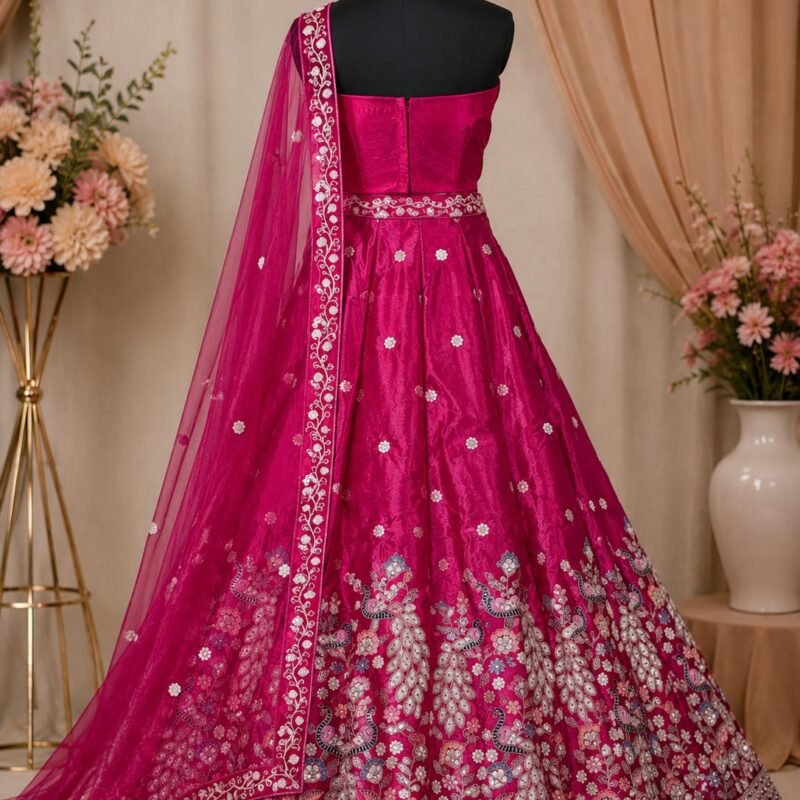 Rani Pink Embroidered Lehenga Choli Set with Designer Dupatta - Image 3