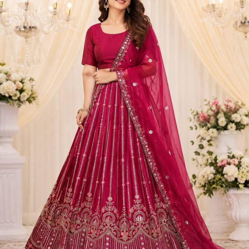 Wine Magenta Embroidered Lehenga Choli Set with Designer Dupatta