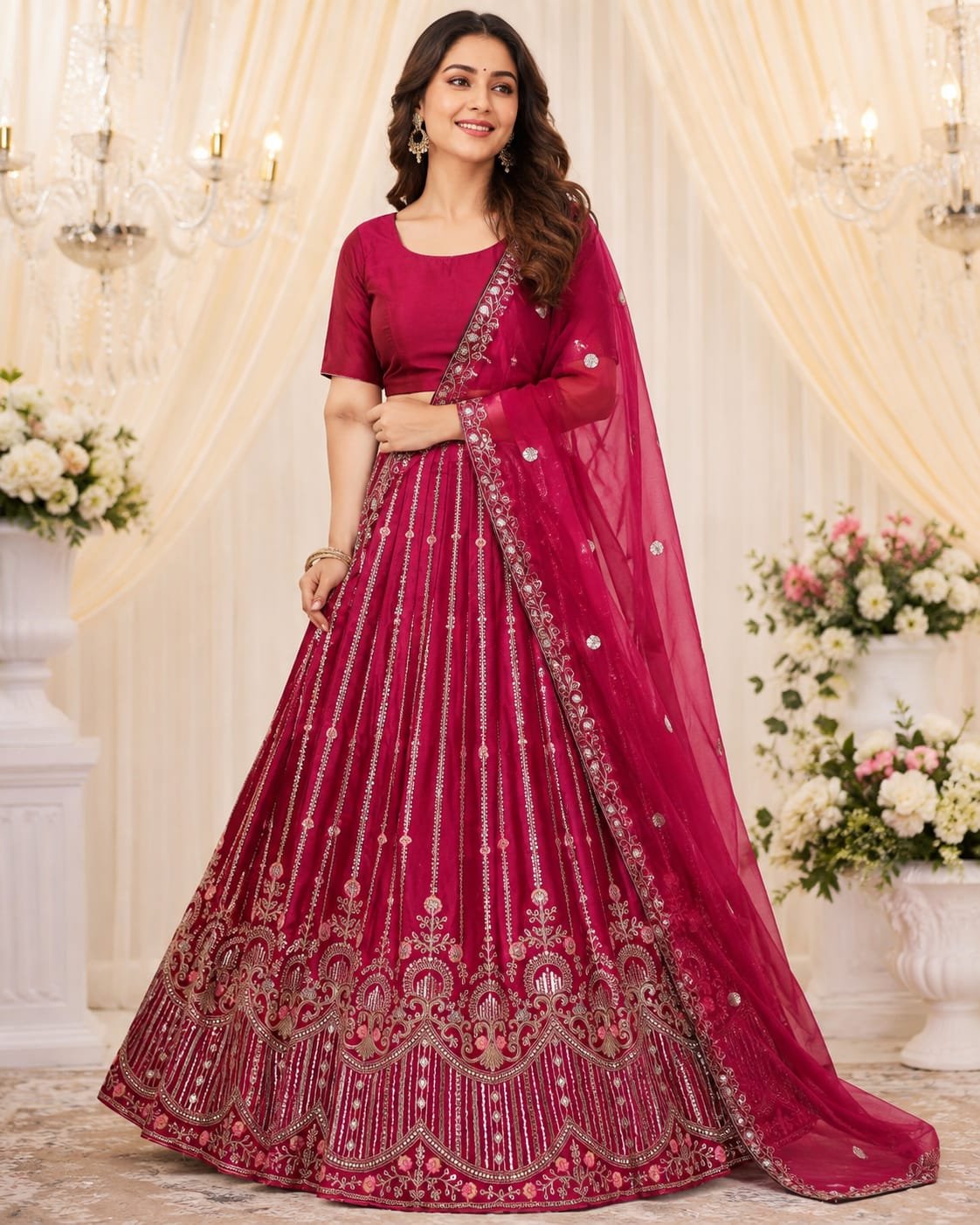 Wine Magenta Embroidered Lehenga Choli Set with Designer Dupatta