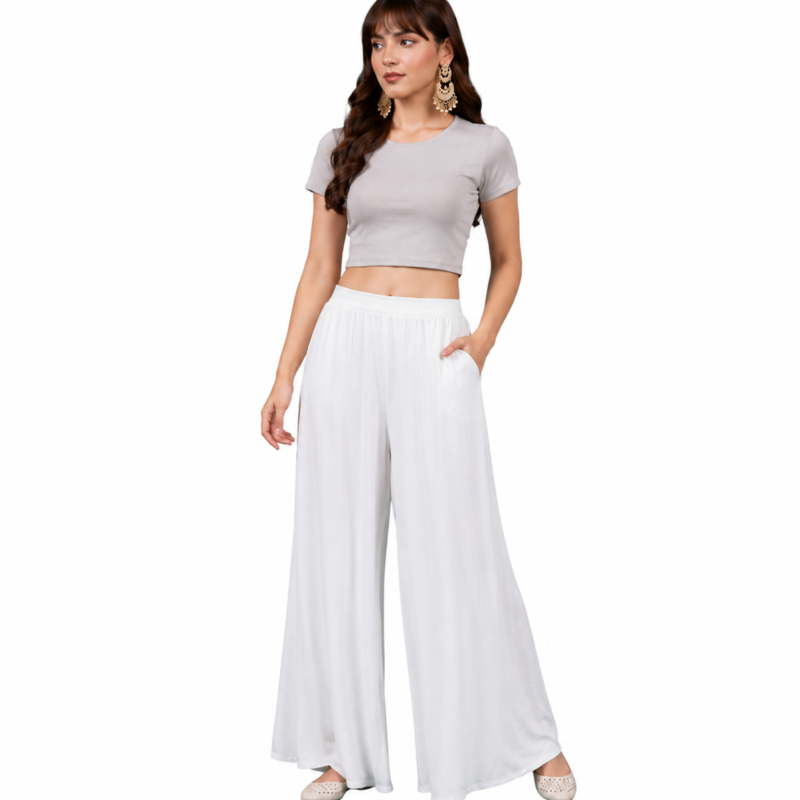 Alternative view of Women's Georgette Solid Mid-Rise Wide Leg Flared Palazzo with Elastic Waist (White)