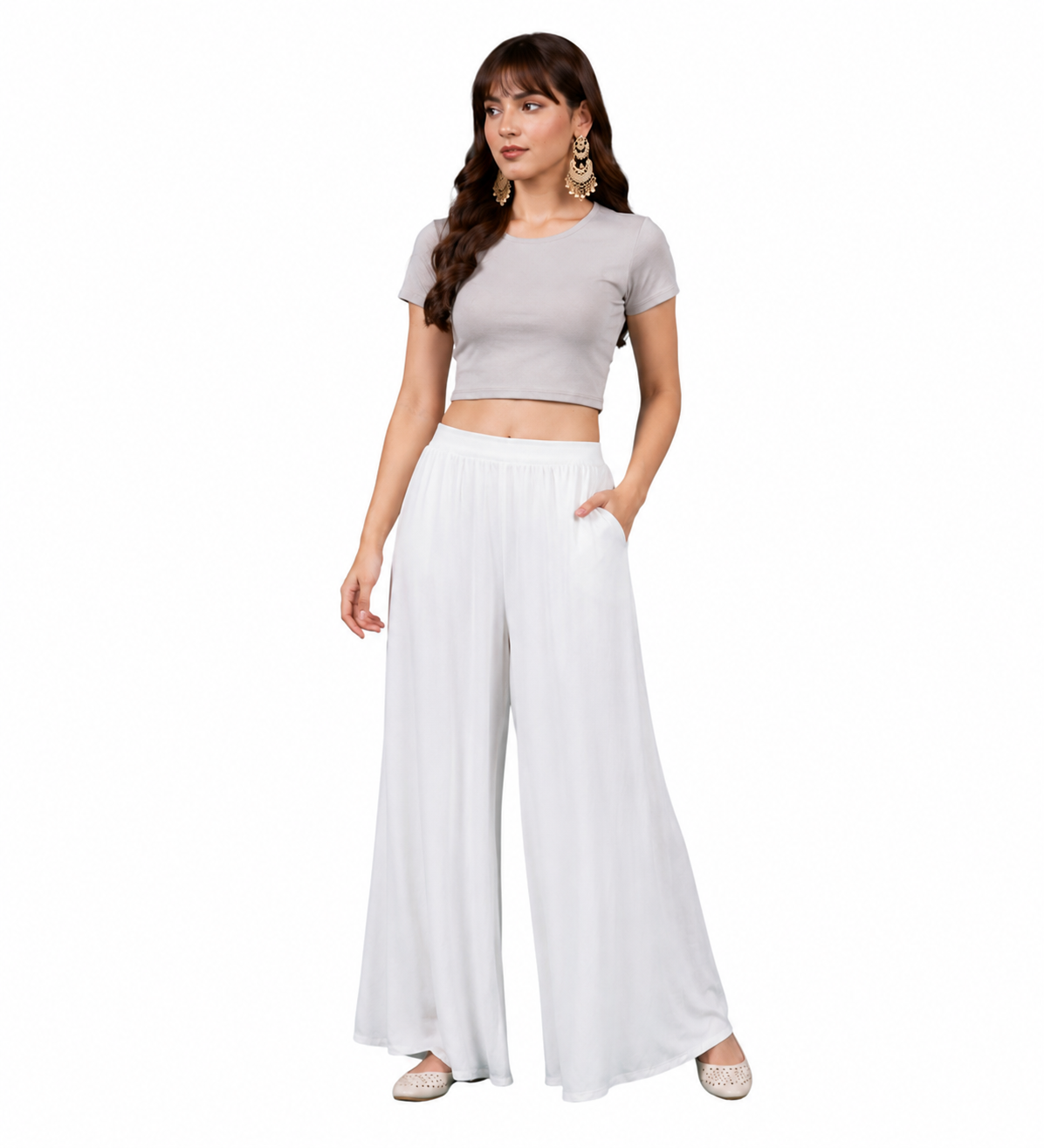 Women's Georgette Solid Mid-Rise Wide Leg Flared Palazzo with Elastic Waist (White) - Image 2