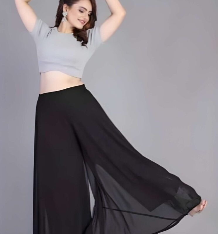 Women's Pack of 1 Georgette Solid High Rise Wide Leg Flared Palazzo with Elastic Waist (Black)