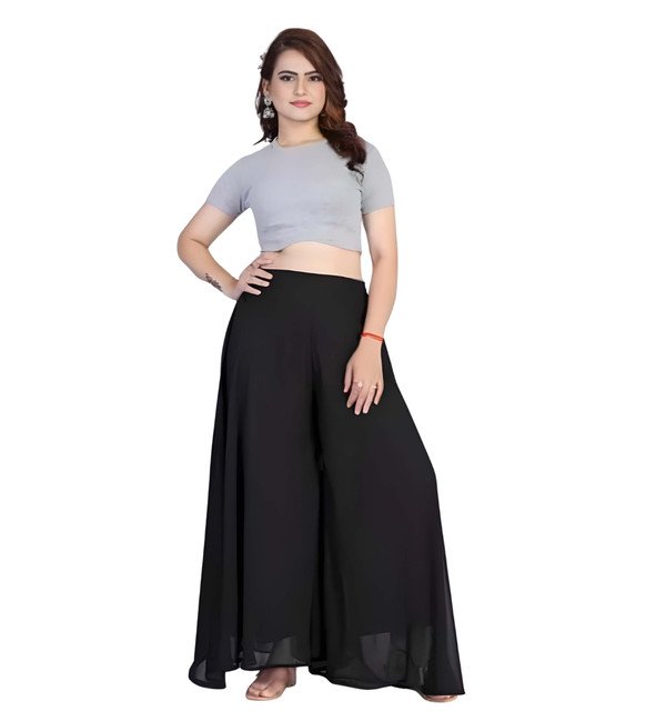 Alternative view of Women's Pack of 1 Georgette Solid High Rise Wide Leg Flared Palazzo with Elastic Waist (Black)