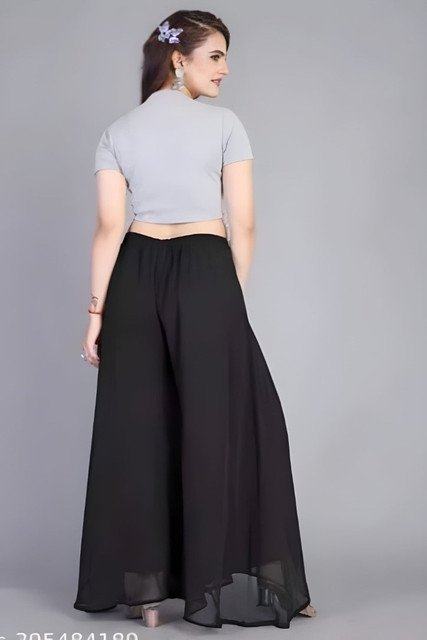 Women's Pack of 1 Georgette Solid High Rise Wide Leg Flared Palazzo with Elastic Waist (Black) - Image 3
