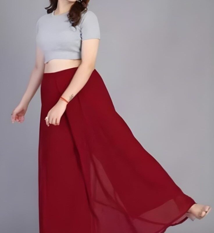 Women's Pack of 1 Georgette Solid High Rise Wide Leg Flared Palazzo with Elastic Waist (Maroon)