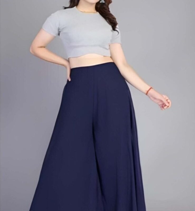 Women's Pack of 1 Georgette Solid High Rise Wide Leg Flared Palazzo with Elastic Waist (Navy Blue)