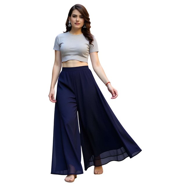 Alternative view of Women's Pack of 1 Georgette Solid High Rise Wide Leg Flared Palazzo with Elastic Waist (Navy Blue)