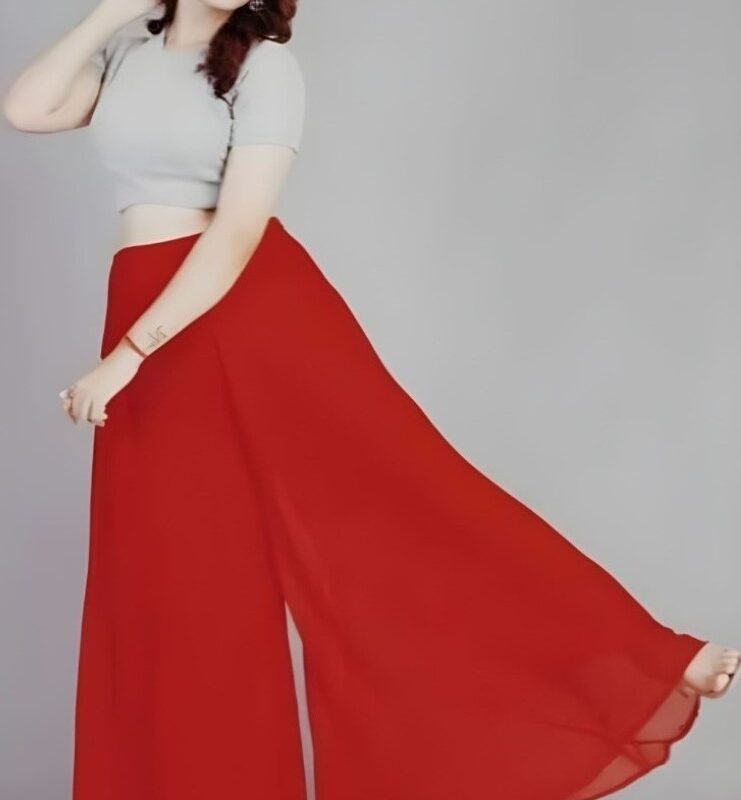 Women's Pack of 1 Georgette Solid High Rise Wide Leg Flared Palazzo with Elastic Waist (Red)