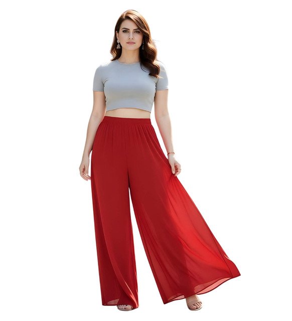 Alternative view of Women's Pack of 1 Georgette Solid High Rise Wide Leg Flared Palazzo with Elastic Waist (Red)