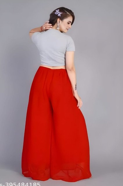 Women's Pack of 1 Georgette Solid High Rise Wide Leg Flared Palazzo with Elastic Waist (Red) - Image 3