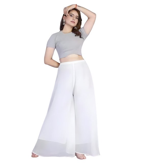 Alternative view of Women's Pack of 1 Georgette Solid High Rise Wide Leg Flared Palazzo with Elastic Waist (White)