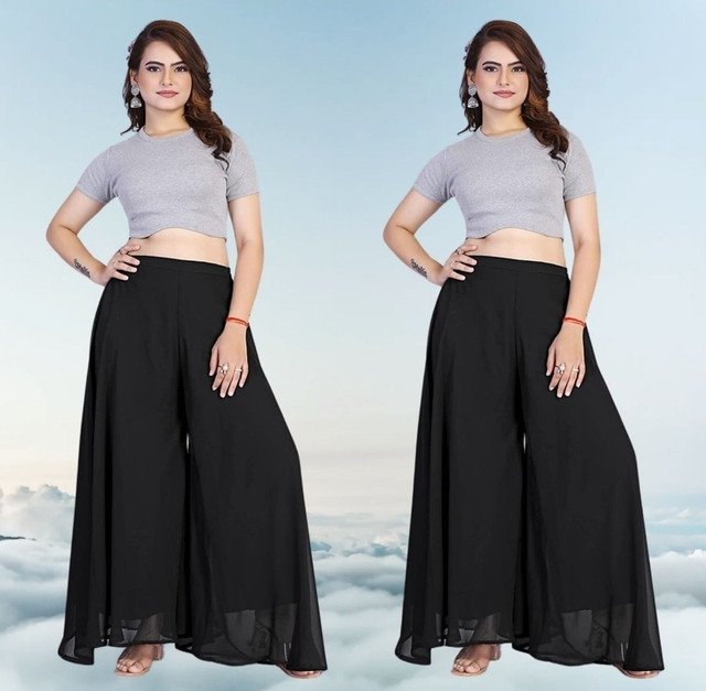 Women's Pack of 2 Georgette Solid High Rise Wide Leg Flared Palazzos with Elastic Waist (Black)