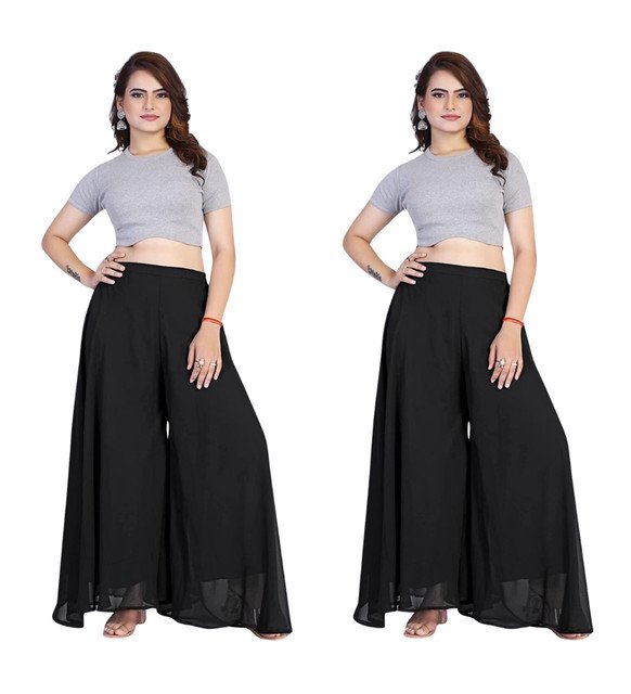 Alternative view of Women's Pack of 2 Georgette Solid High Rise Wide Leg Flared Palazzos with Elastic Waist (Black)