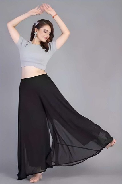 Women's Pack of 2 Georgette Solid High Rise Wide Leg Flared Palazzos with Elastic Waist (Black) - Image 3