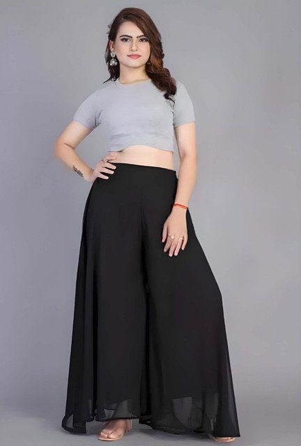 Women's Pack of 2 Georgette Solid High Rise Wide Leg Flared Palazzos with Elastic Waist (Black) - Image 4