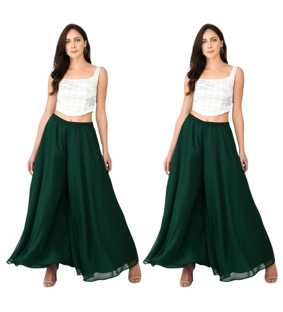 Alternative view of Women's Pack of 2 Georgette Solid High Rise Wide Leg Flared Palazzos with Elastic Waist (Bottle Green)