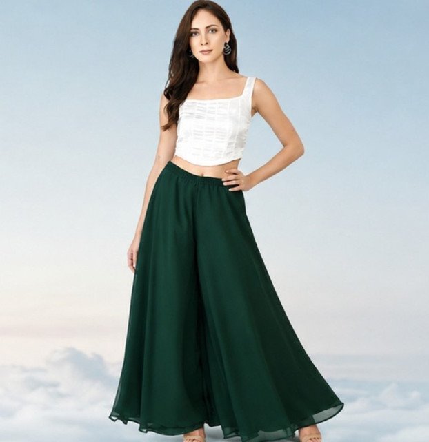 Women's Pack of 2 Georgette Solid High Rise Wide Leg Flared Palazzos with Elastic Waist (Bottle Green) - Image 3