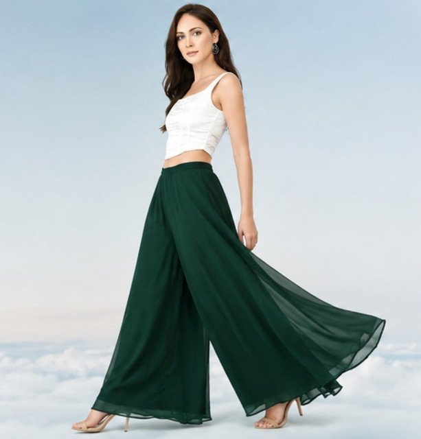 Women's Pack of 2 Georgette Solid High Rise Wide Leg Flared Palazzos with Elastic Waist (Bottle Green) - Image 4