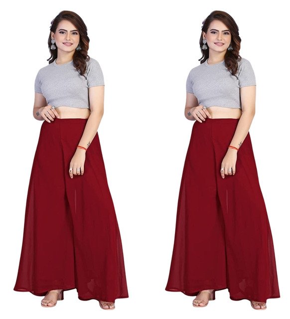 Alternative view of Women's Pack of 2 Georgette Solid High Rise Wide Leg Flared Palazzos with Elastic Waist (Maroon)