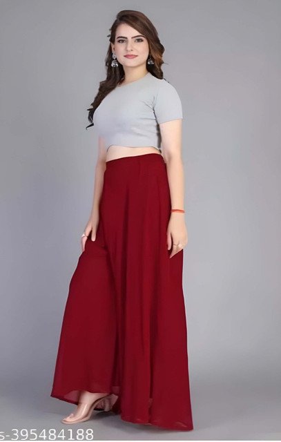 Women's Pack of 2 Georgette Solid High Rise Wide Leg Flared Palazzos with Elastic Waist (Maroon) - Image 4