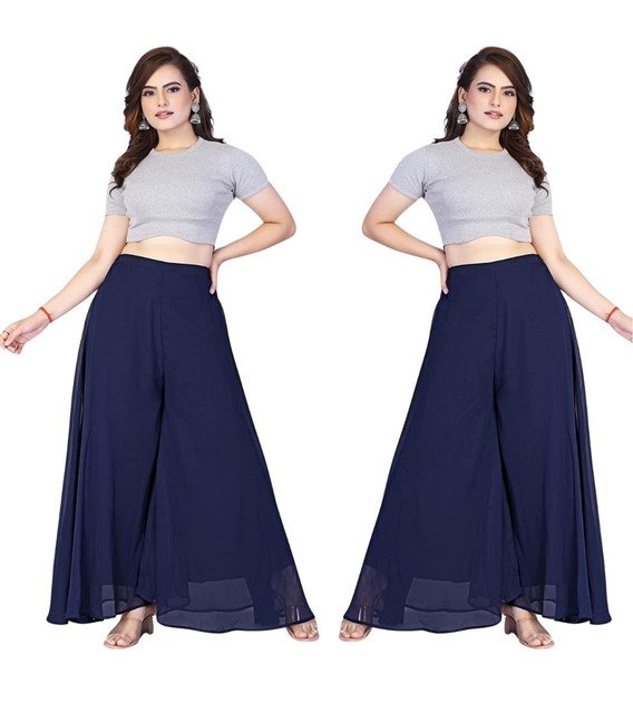 Alternative view of Women's Pack of 2 Georgette Solid High Rise Wide Leg Flared Palazzos with Elastic Waist (Navy Blue)