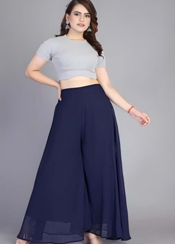 Women's Pack of 2 Georgette Solid High Rise Wide Leg Flared Palazzos with Elastic Waist (Navy Blue) - Image 3