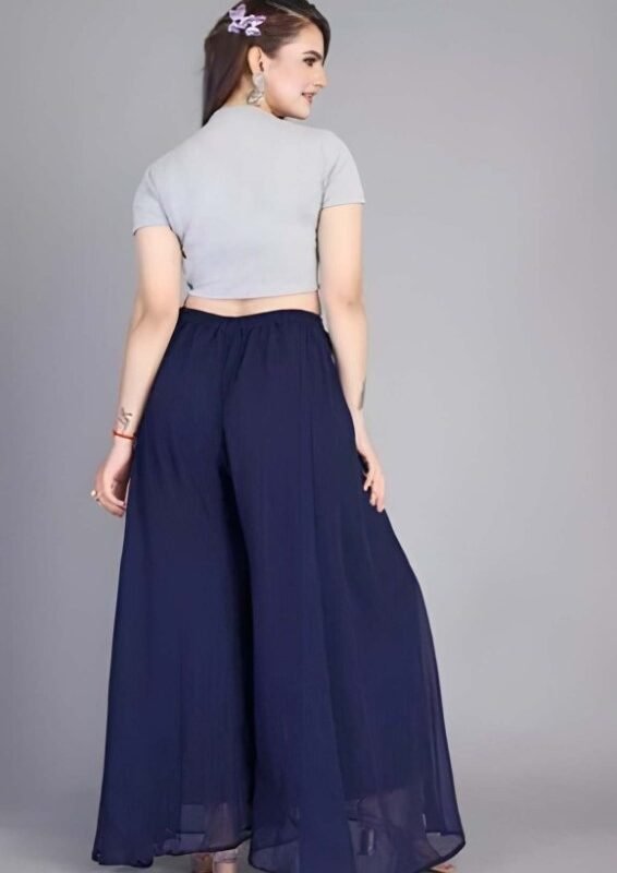 Women's Pack of 2 Georgette Solid High Rise Wide Leg Flared Palazzos with Elastic Waist (Navy Blue) - Image 4