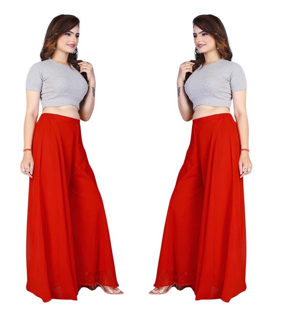 Alternative view of Women's Pack of 2 Georgette Solid High Rise Wide Leg Flared Palazzos with Elastic Waist (Red)