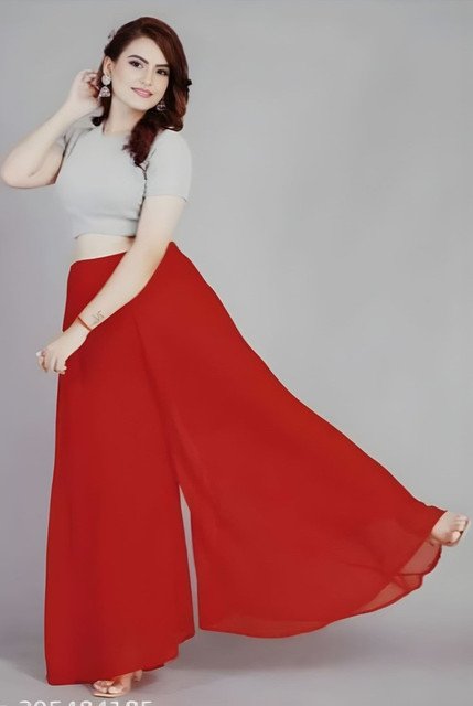 Women's Pack of 2 Georgette Solid High Rise Wide Leg Flared Palazzos with Elastic Waist (Red) - Image 3
