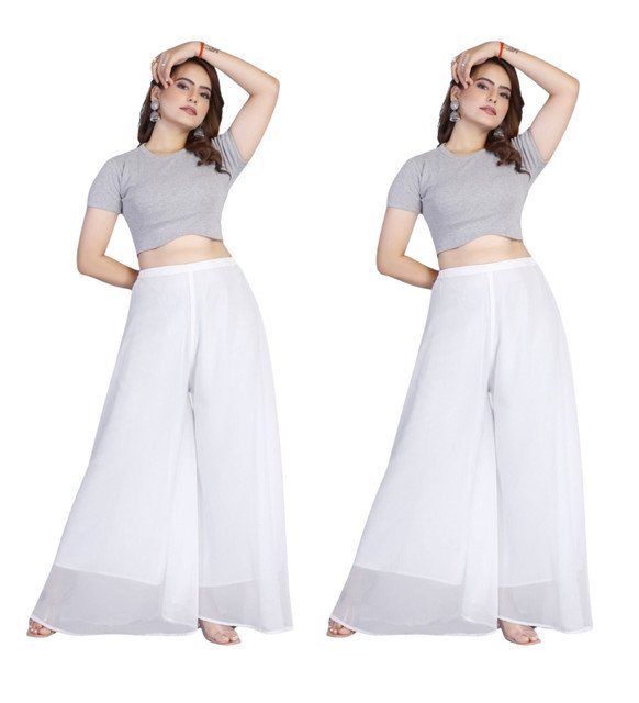 Alternative view of Women's Pack of 2 Georgette Solid High Rise Wide Leg Flared Palazzos with Elastic Waist (White)