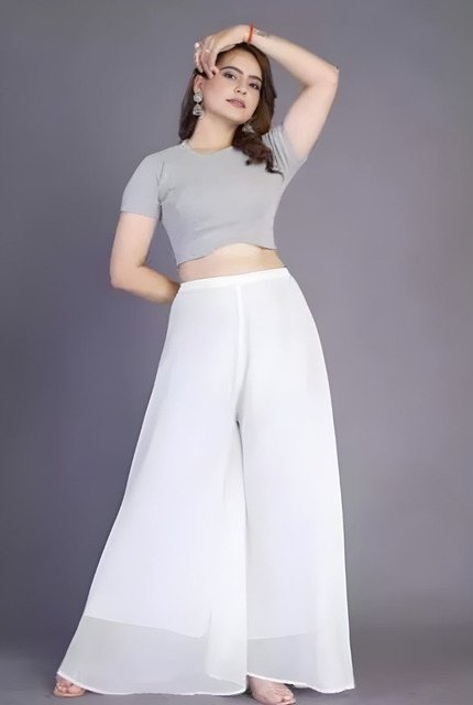 Women's Pack of 2 Georgette Solid High Rise Wide Leg Flared Palazzos with Elastic Waist (White) - Image 4