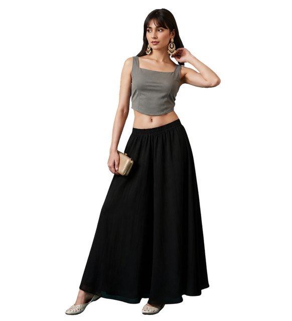 Alternative view of Women's Georgette Solid Mid-Rise Wide Leg Flared Palazzo with Elastic Waist (Black)