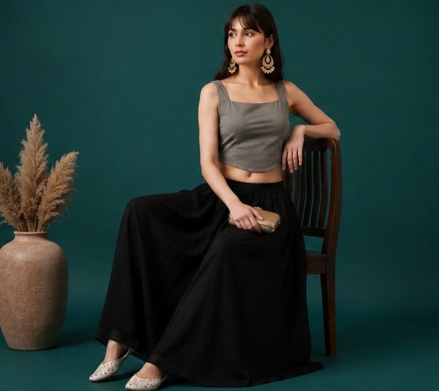 Women's Georgette Solid Mid-Rise Wide Leg Flared Palazzo with Elastic Waist (Black) - Image 3