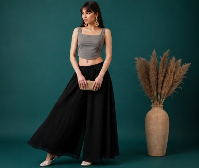 Women's Georgette Solid Mid-Rise Wide Leg Flared Palazzo with Elastic Waist (Black) - Image 4