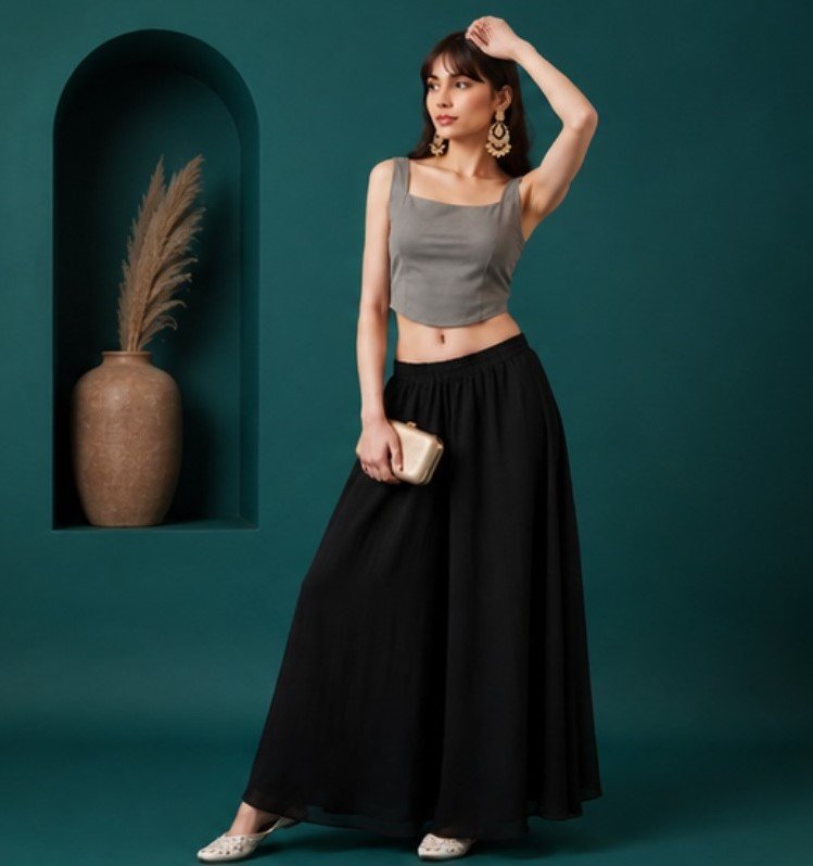 Women's Georgette Solid Mid-Rise Wide Leg Flared Palazzo with Elastic Waist (Black) - Image 5