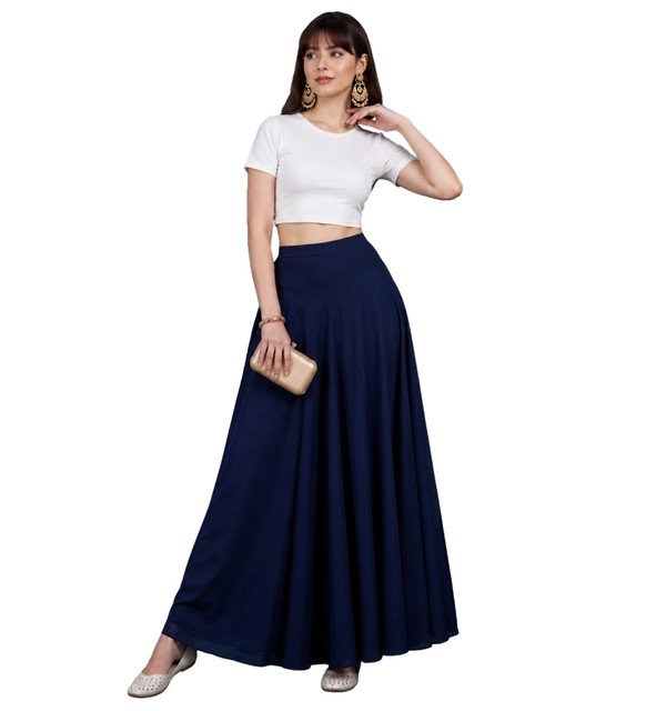 Alternative view of Women's Georgette Solid Mid-Rise Wide Leg Flared Palazzo with Elastic Waist (Navy Blue)