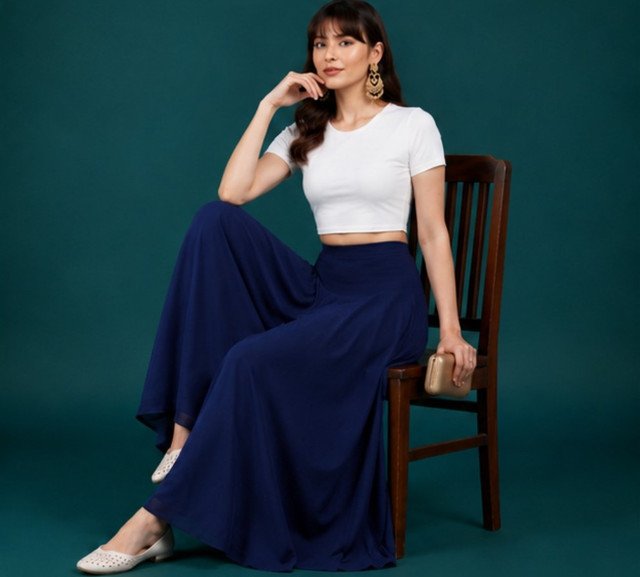 Women's Georgette Solid Mid-Rise Wide Leg Flared Palazzo with Elastic Waist (Navy Blue) - Image 3