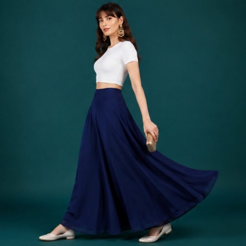 Women's Georgette Solid Mid-Rise Wide Leg Flared Palazzo with Elastic Waist (Navy Blue) - Image 4