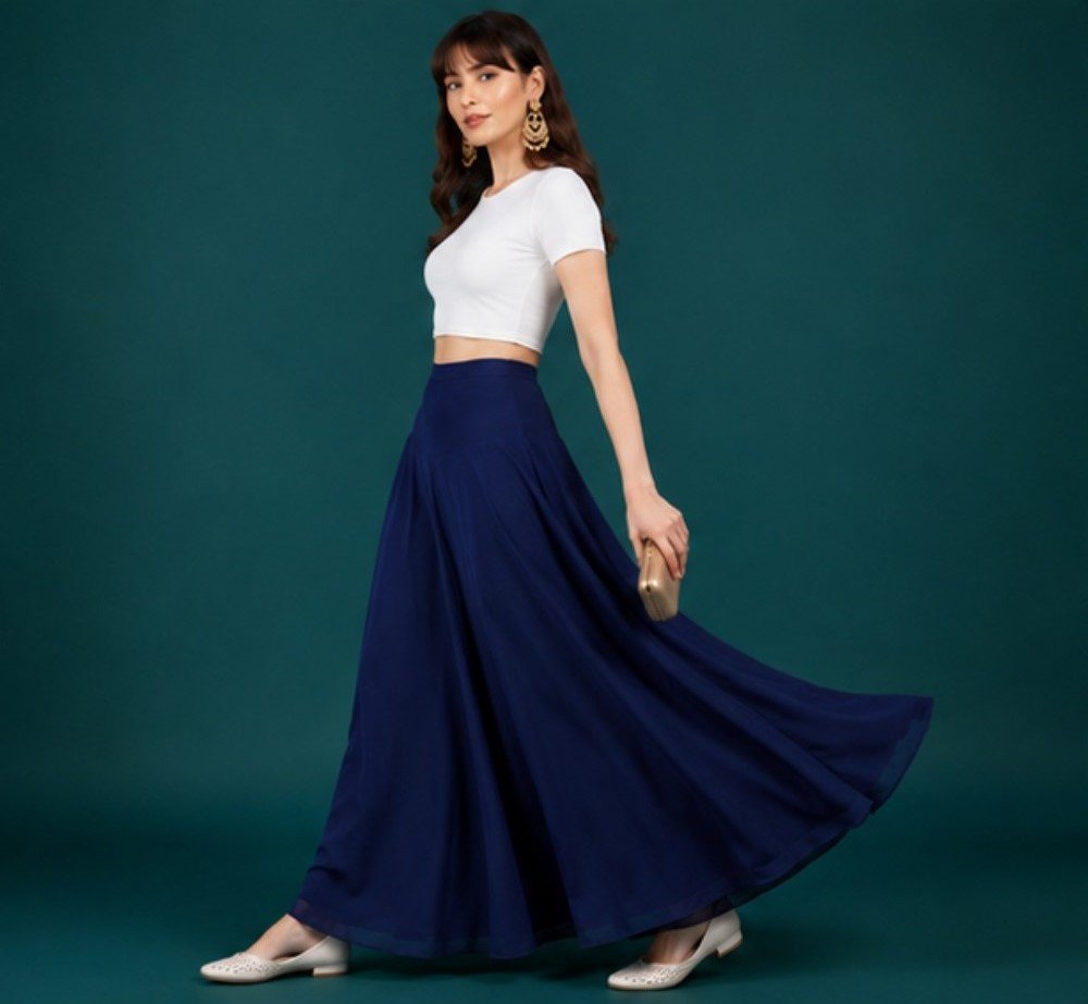 Women's Georgette Solid Mid-Rise Wide Leg Flared Palazzo with Elastic Waist (Navy Blue) - Image 4