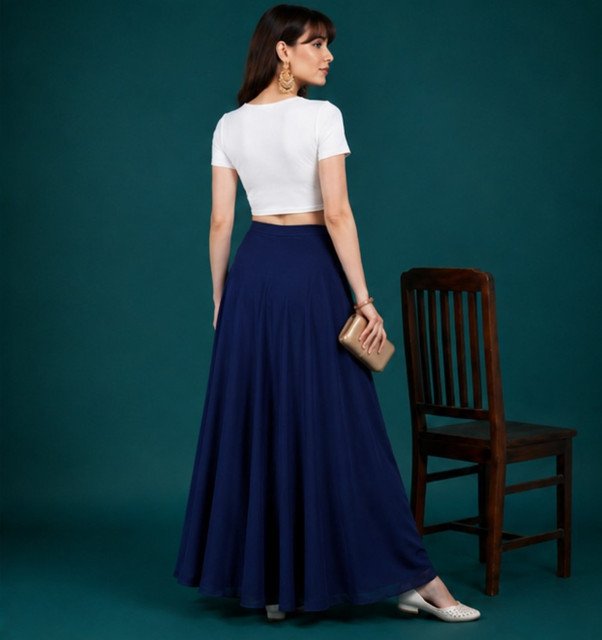 Women's Georgette Solid Mid-Rise Wide Leg Flared Palazzo with Elastic Waist (Navy Blue) - Image 5