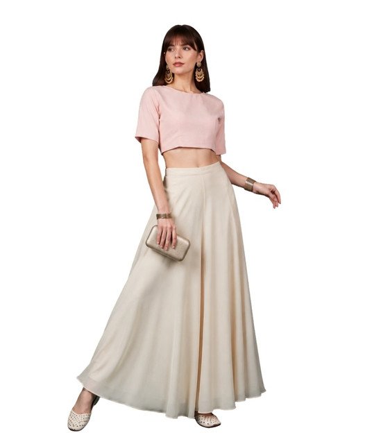 Alternative view of Women's Georgette Solid Mid-Rise Wide Leg Flared Palazzo with Elastic Waist (Cream)