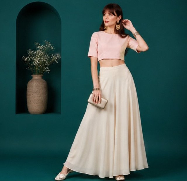 Women's Georgette Solid Mid-Rise Wide Leg Flared Palazzo with Elastic Waist (Cream) - Image 5