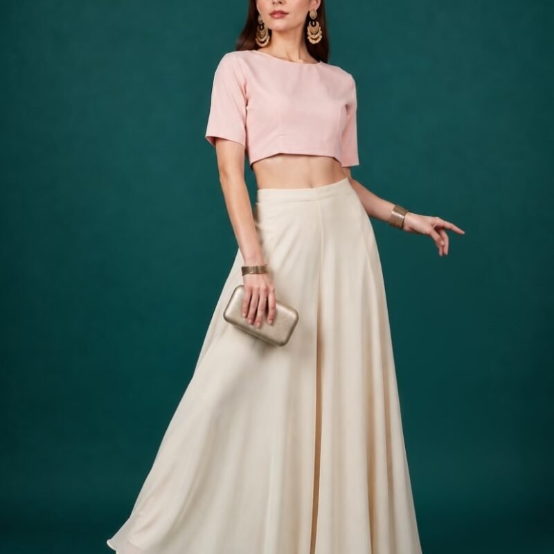 Women's Georgette Solid Mid-Rise Wide Leg Flared Palazzo with Elastic Waist (Cream)