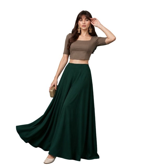 Alternative view of Women's Georgette Solid Mid-Rise Wide Leg Flared Palazzo with Elastic Waist (Bottle Green)