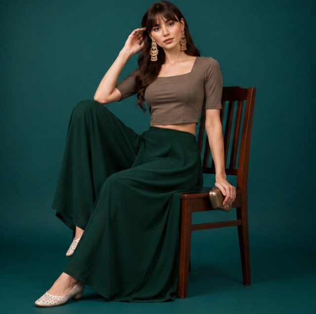 Women's Georgette Solid Mid-Rise Wide Leg Flared Palazzo with Elastic Waist (Bottle Green) - Image 3