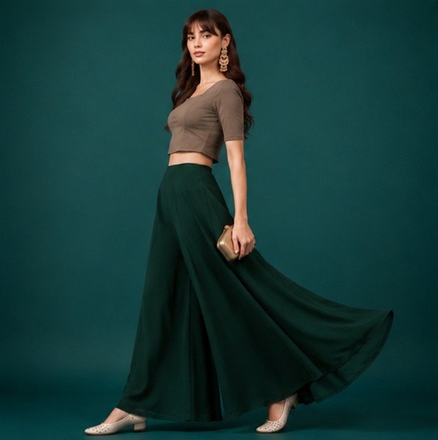 Women's Georgette Solid Mid-Rise Wide Leg Flared Palazzo with Elastic Waist (Bottle Green) - Image 4