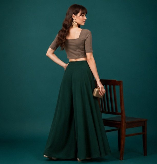 Women's Georgette Solid Mid-Rise Wide Leg Flared Palazzo with Elastic Waist (Bottle Green) - Image 5