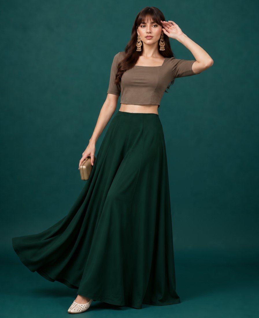 Women's Georgette Solid Mid-Rise Wide Leg Flared Palazzo with Elastic Waist (Bottle Green)